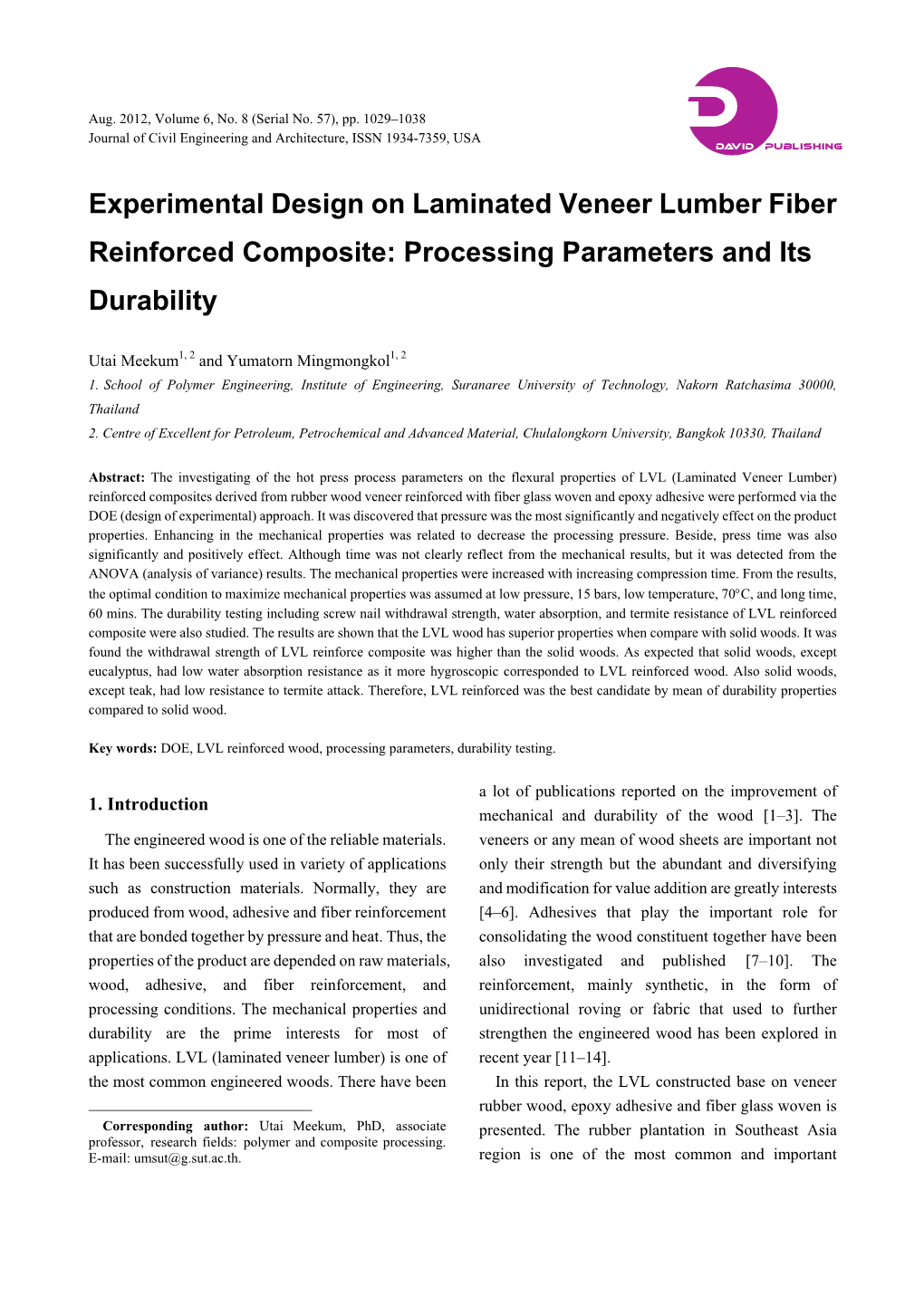 Experimental Design on Laminated Veneer Lumber Fiber Reinforced Composite: Processing Parameters and Its Durability