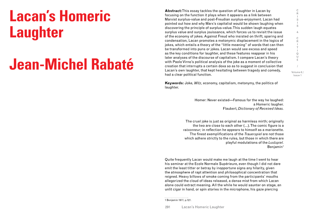 Lacan's Homeric Laughter Jean-Michel Rabaté