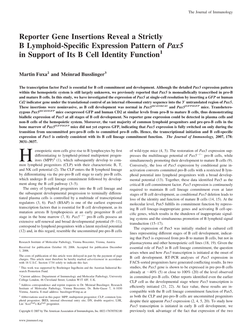 Function in Support of Its B Cell Identity Pax5 Lymphoid-Specific