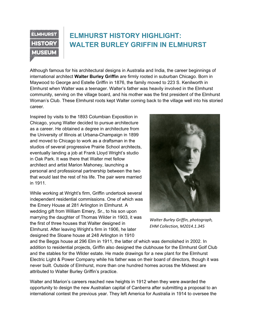 Walter Burley Griffin in Elmhurst