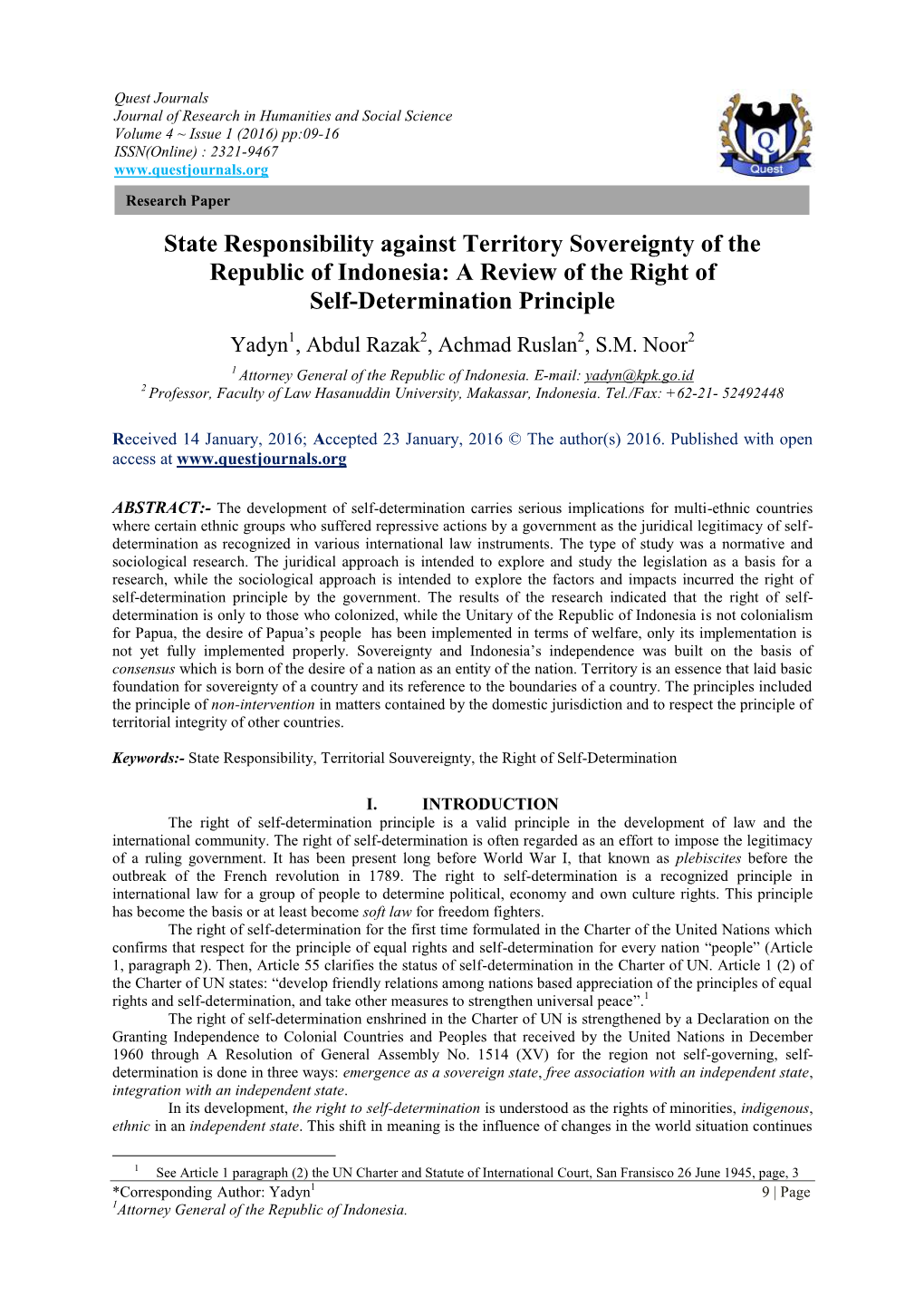 State Responsibility Against Territory Sovereignty of the Republic of Indonesia: a Review of the Right of Self-Determination Principle