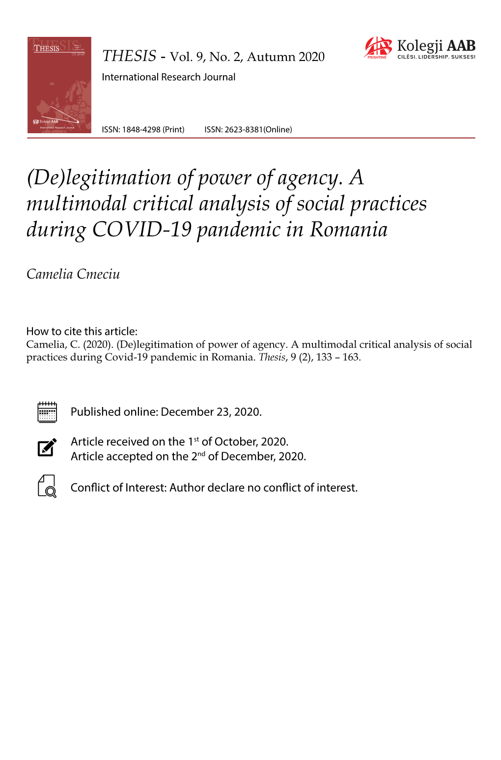 (De)Legitimation of Power of Agency. a Multimodal Critical Analysis of Social Practices During COVID-19 Pandemic in Romania