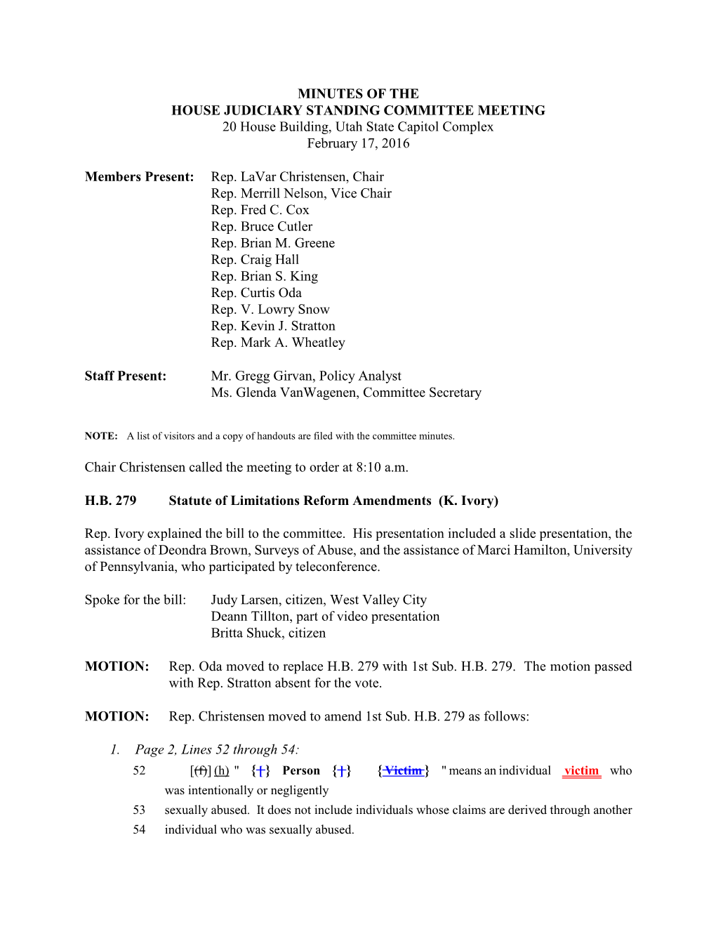 Minutes for House Judiciary Committee 02/17