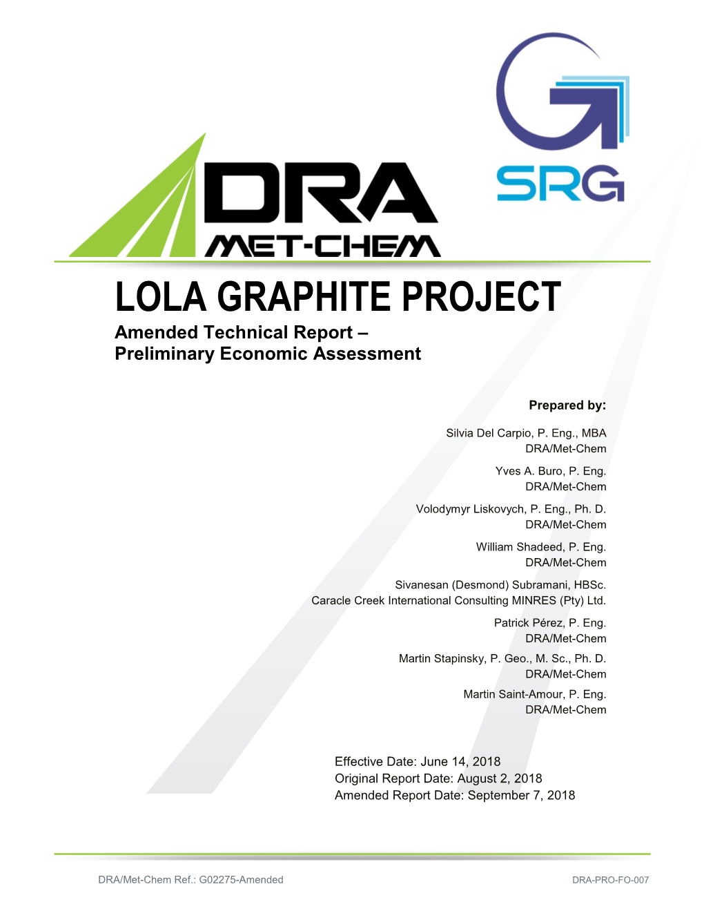 LOLA GRAPHITE PROJECT Amended Technical Report – Preliminary Economic Assessment