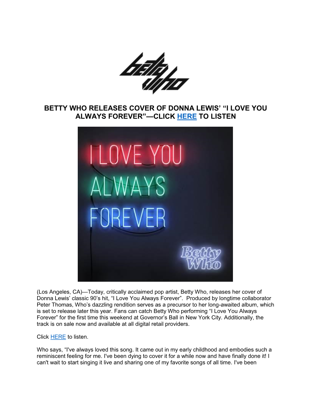 Betty Who Releases Cover of Donna Lewis' “I Love You Always Forever”—Click Here to Listen