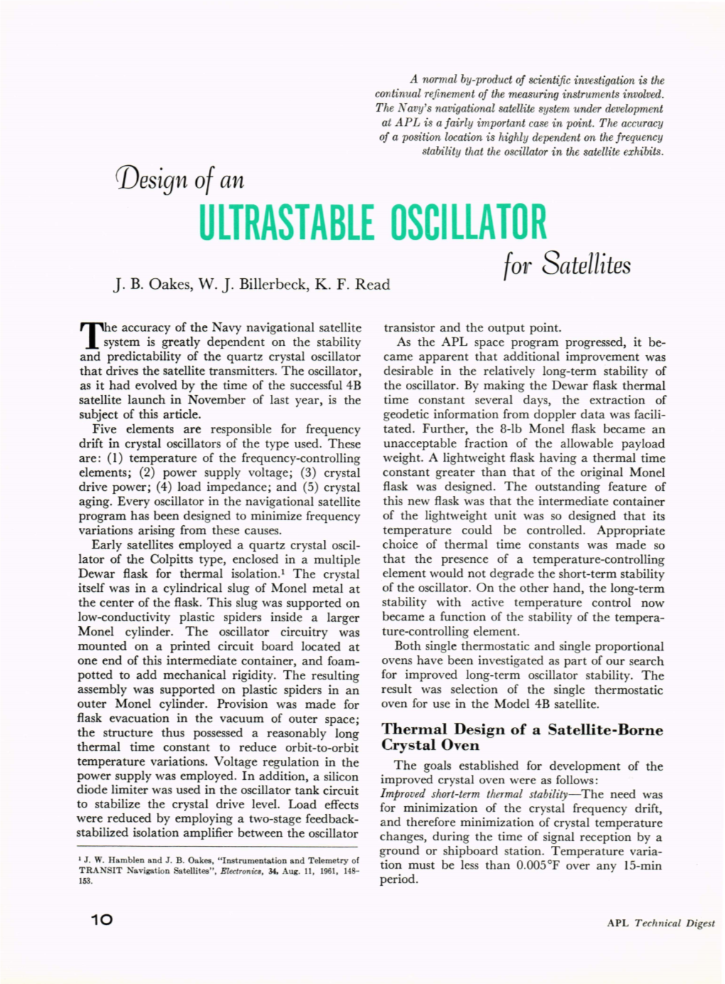 Design of an ULTRASTABLE OSCILLATOR for Satellites J