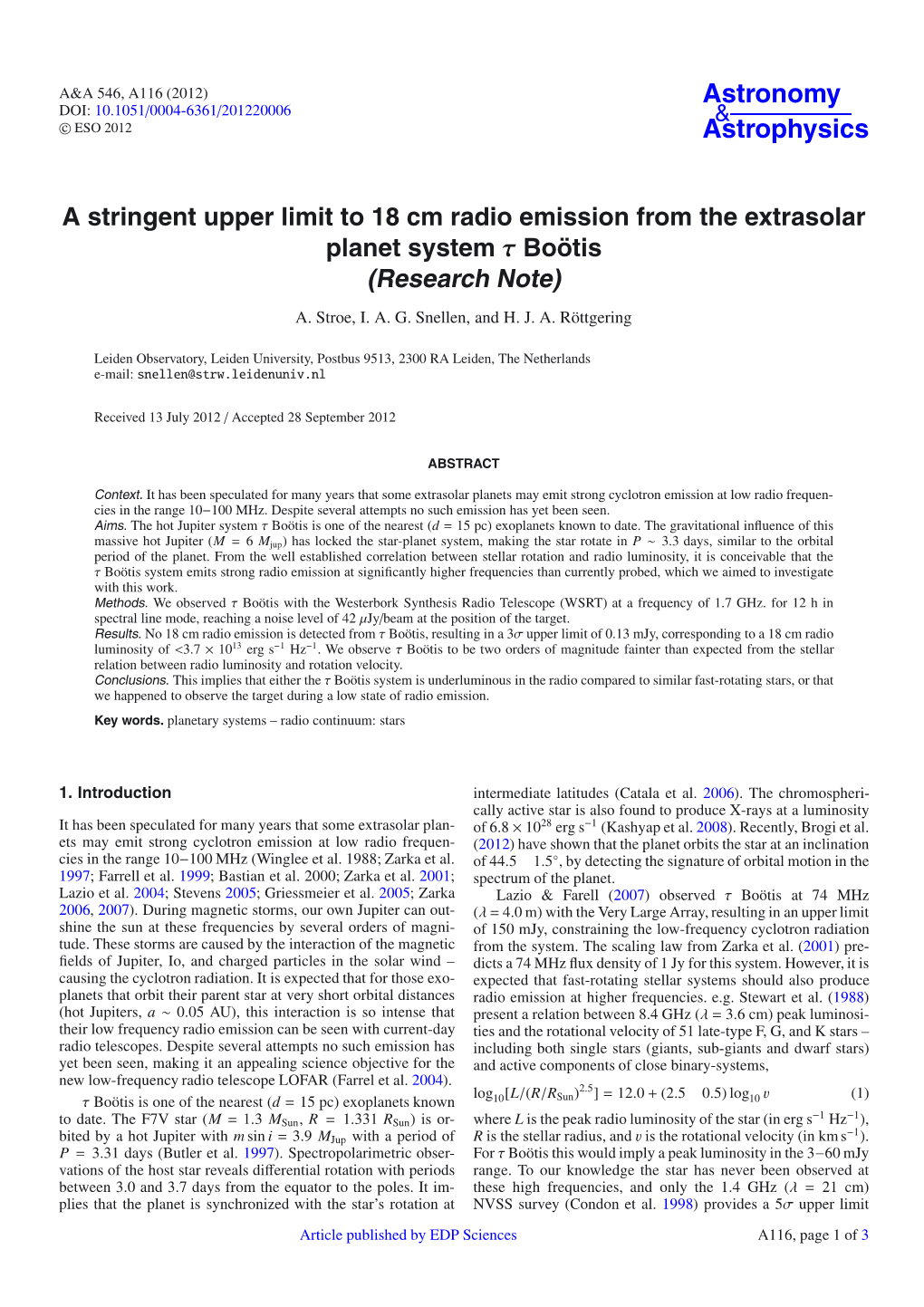 A Stringent Upper Limit to 18 Cm Radio Emission from the Extrasolar Planet System Τ Boötis (Research Note)