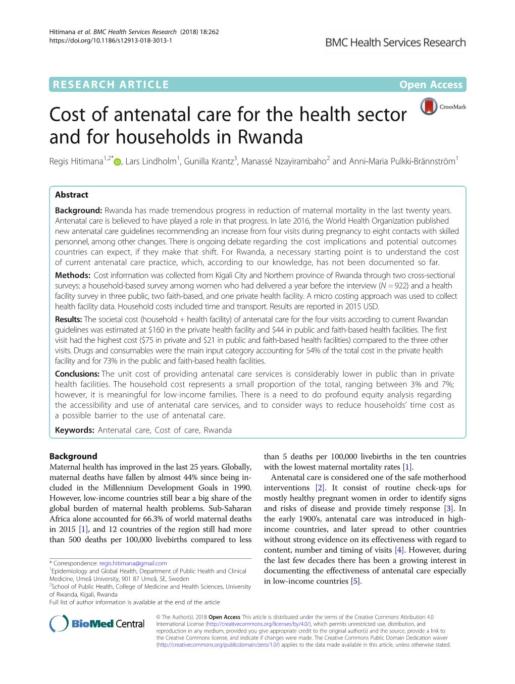 Cost of Antenatal Care for the Health Sector and for Households in Rwanda