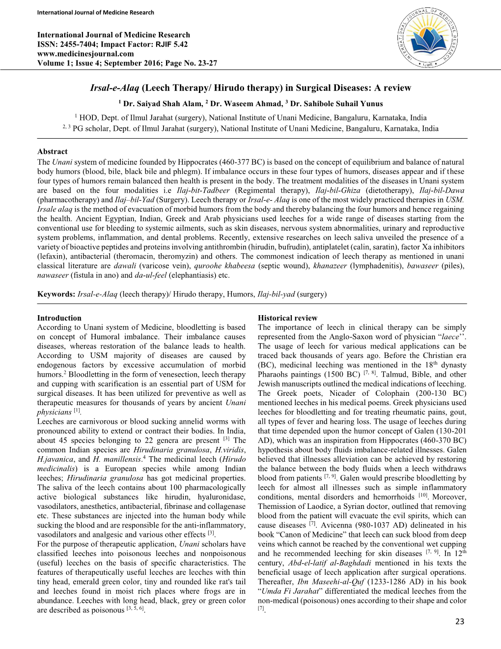 Irsal-E-Alaq (Leech Therapy/ Hirudo Therapy) in Surgical Diseases: a Review 1 Dr