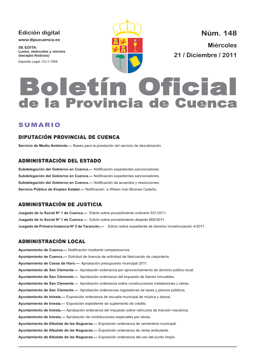 Boletín Oficial De La Provincia De Cuenca Sumario Diputación Provincial De Cuenca