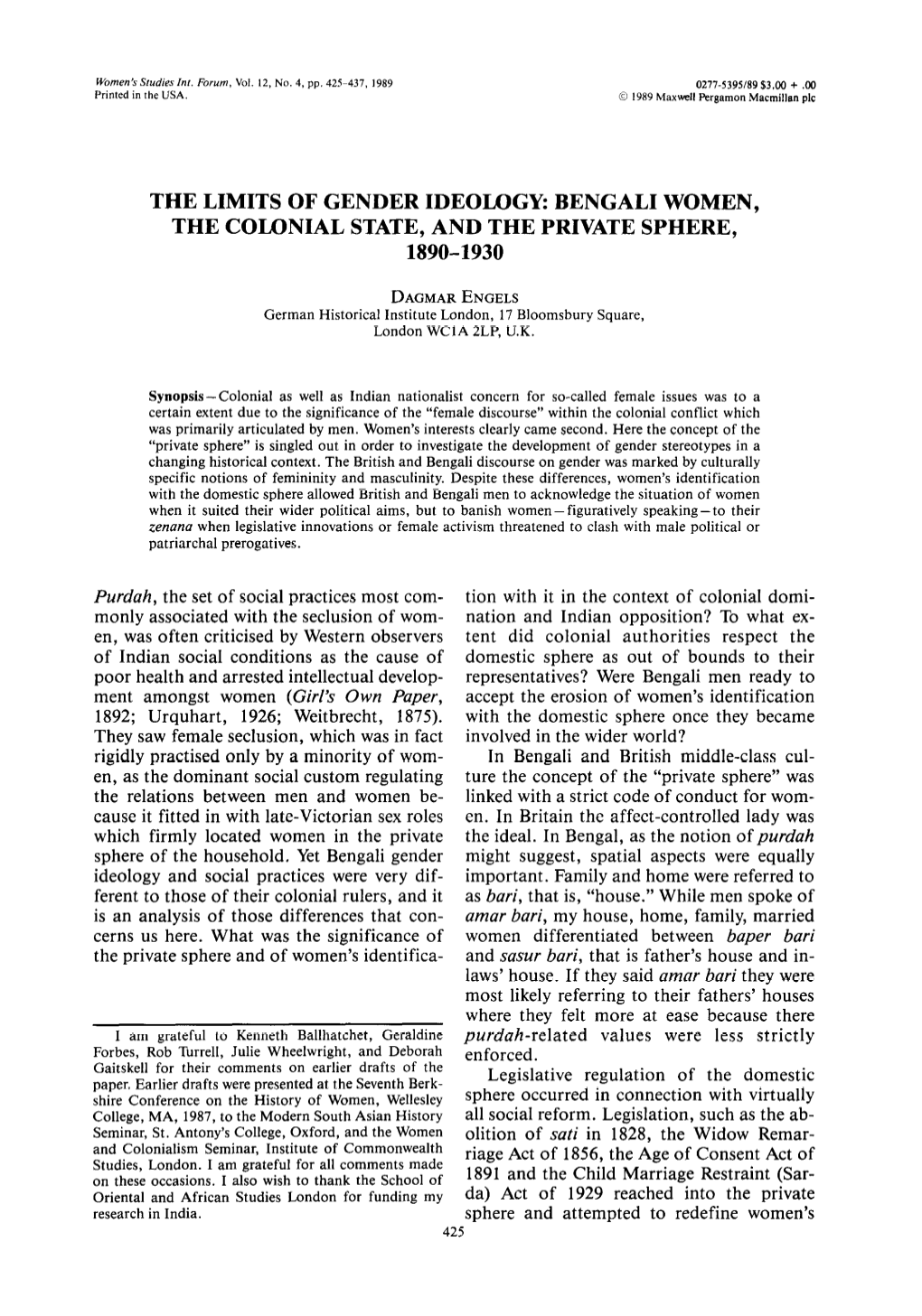 The Limits of Gender Ideology: Bengali Women, the Colonial State, and the Private Sphere, 1890-1930