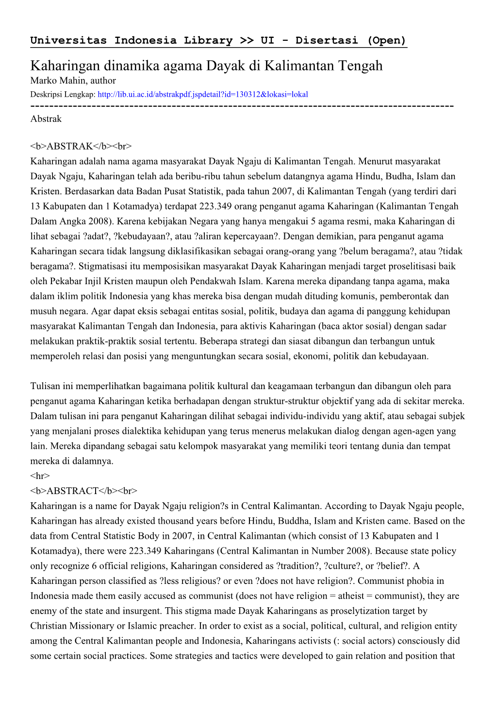 Kaharingan Dinamika Agama Dayak Di Kalimantan Tengah