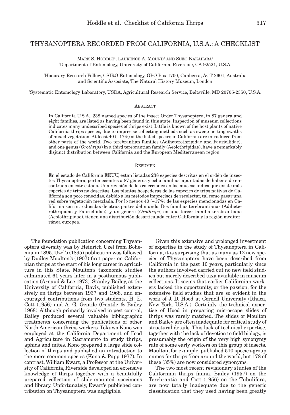 Thysanoptera Recorded from California, U.S.A.: a Checklist