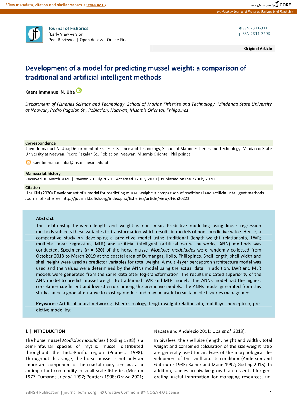 Development of a Model for Predicting Mussel Weight: a Comparison of Traditional and Artificial Intelligent Methods