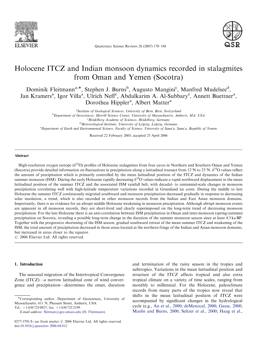 Holocene ITCZ and Indian Monsoon Dynamics Recorded in Stalagmites from Oman and Yemen (Socotra)