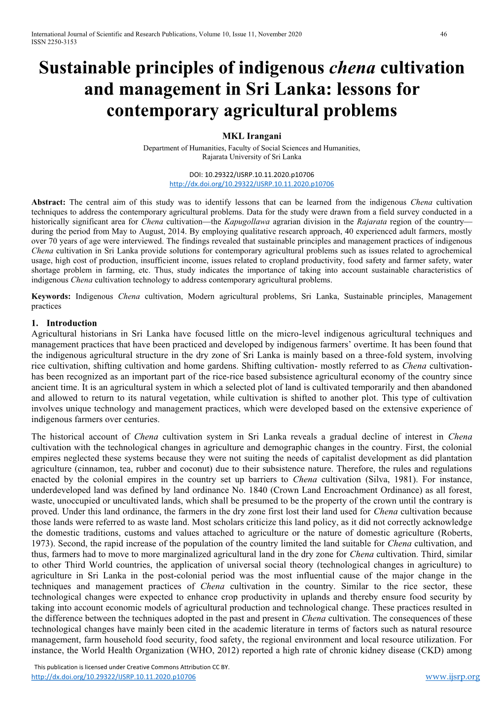 Sustainable Principles of Indigenous Chena Cultivation and Management in Sri Lanka: Lessons for Contemporary Agricultural Problems