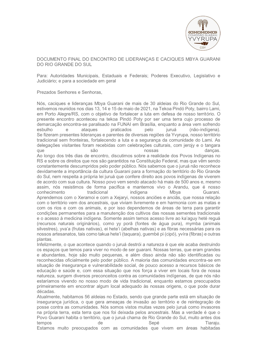 Documento Final Do Encontro De Lideranças E Caciques Mbya Guarani Do Rio Grande Do Sul