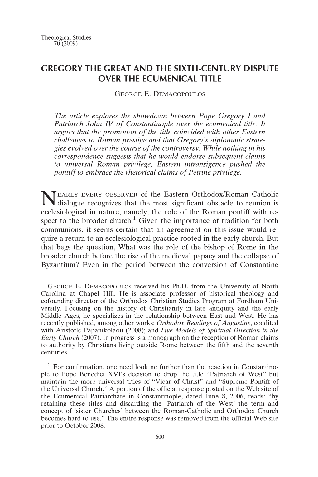 Gregory the Great and the Sixth-Century Dispute Over the Ecumenical Title