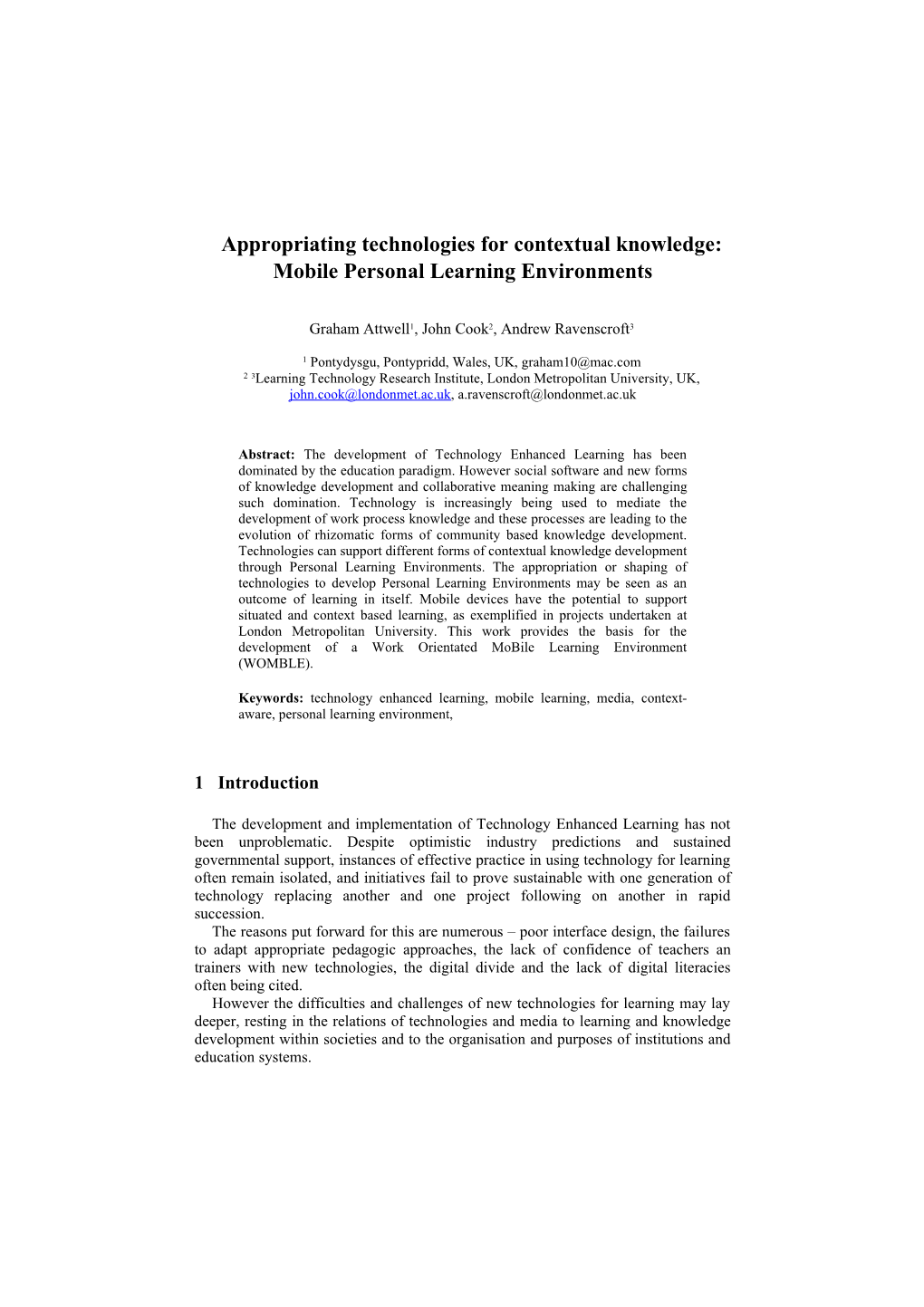 Appropriating Technologies for Contextual Knowledge: Mobile Personal Learning Environments