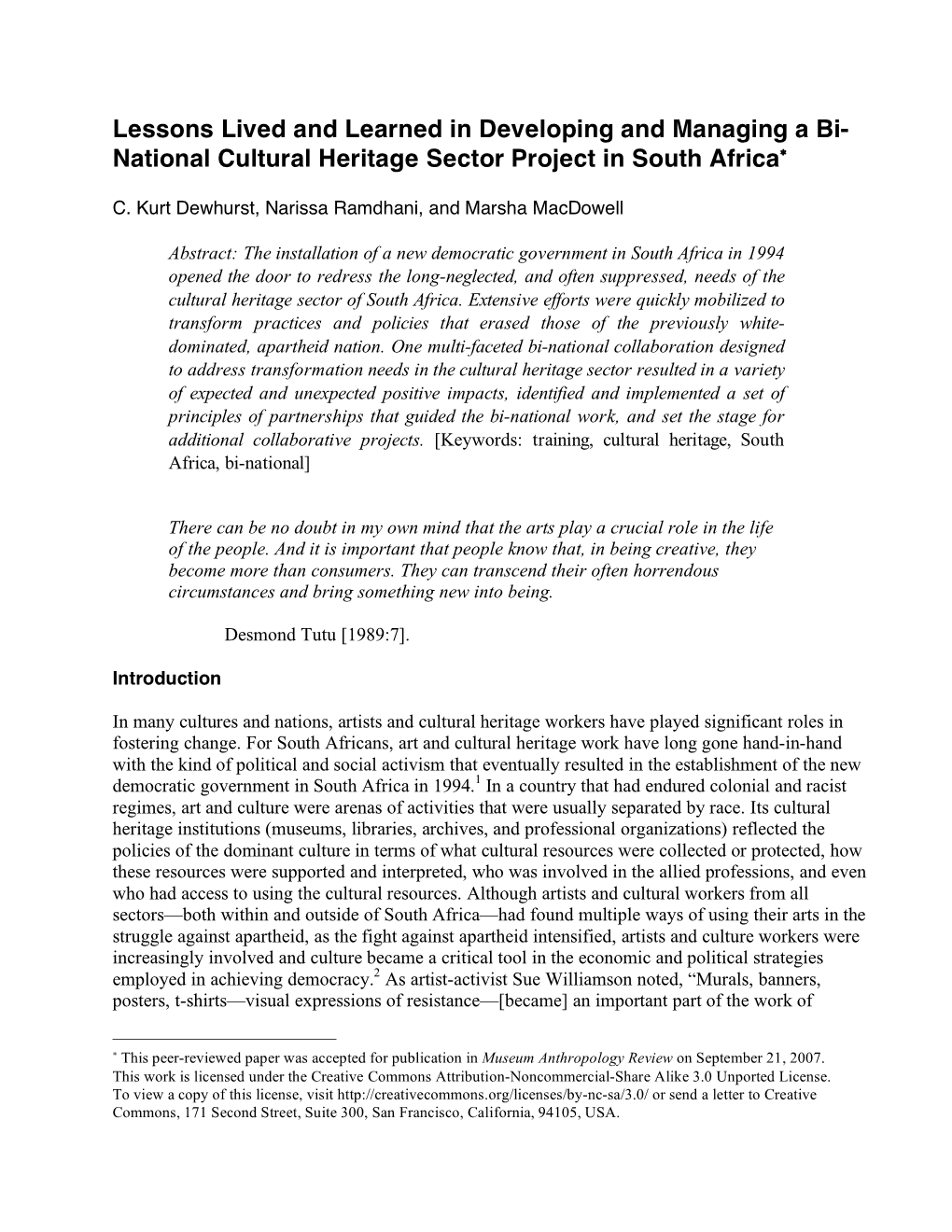 Lessons Lived and Learned in Developing and Managing a Bi- National Cultural Heritage Sector Project in South Africa∗