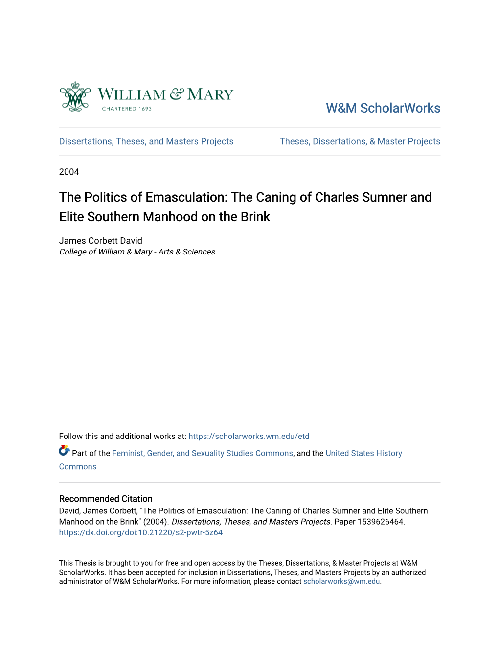 The Caning of Charles Sumner and Elite Southern Manhood on the Brink
