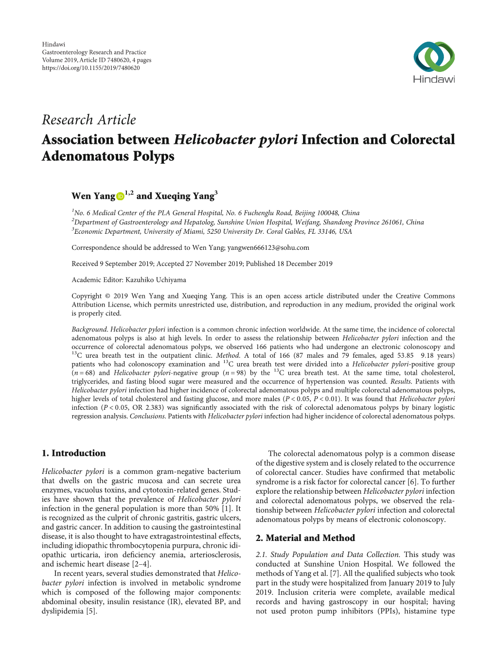 Research Article Association Between Helicobacter Pylori Infection and Colorectal Adenomatous Polyps