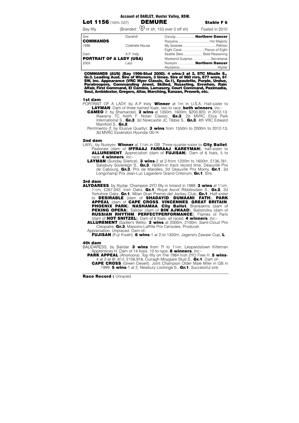 1156 (100% GST) DEMURE Stable F 6 Bay Filly (Branded : Nr Sh; 153 Over 0 Off Sh) Foaled in 2010