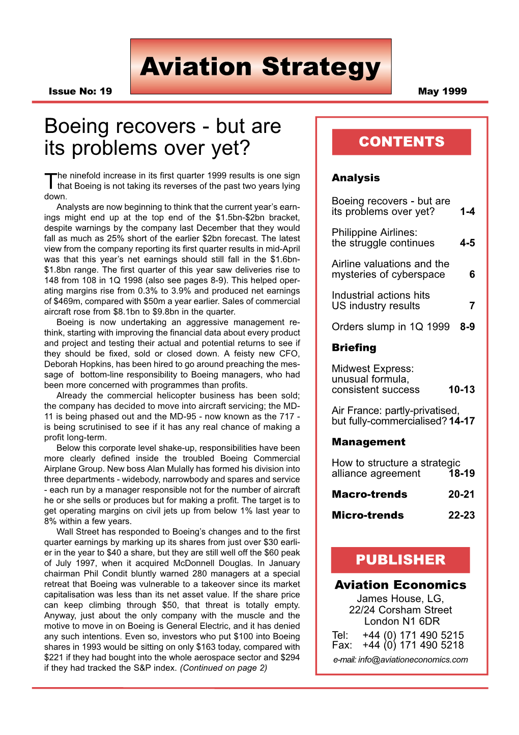 May 1999 Boeing Recovers - but Are Its Problems Over Yet? CONTENTS