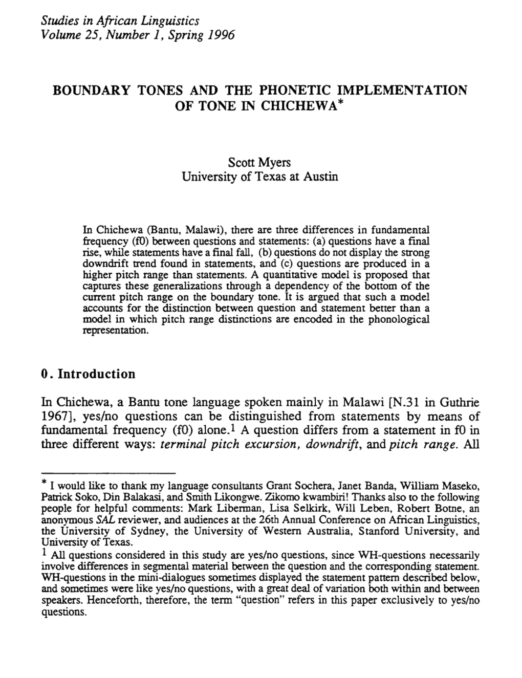 Myers Scott. (1996). Boundary Tones and the Phonetic Implementation of Tone in Chichewa