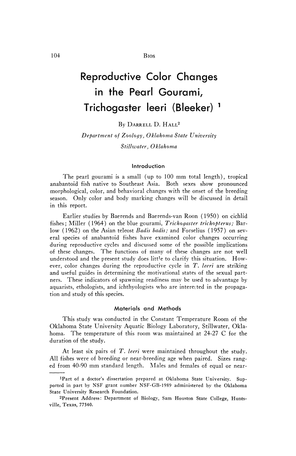 Reproductive Color Changes in the Pearl Gourami, Trichogaster Leeri