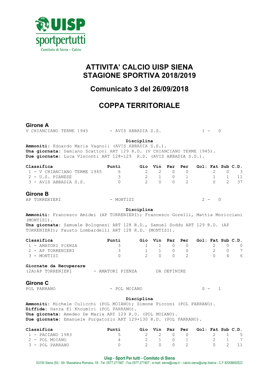 Comunicato N. 03 Del 26/09/2018