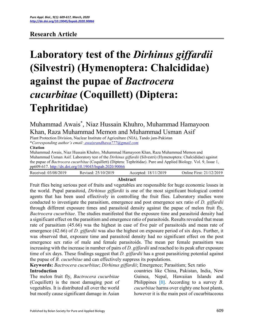 Laboratory Test of the Dirhinus Giffardii (Silvestri) (Hymenoptera: Chalcididae) Against the Pupae of Bactrocera Cucurbitae (Coquillett) (Diptera: Tephritidae)