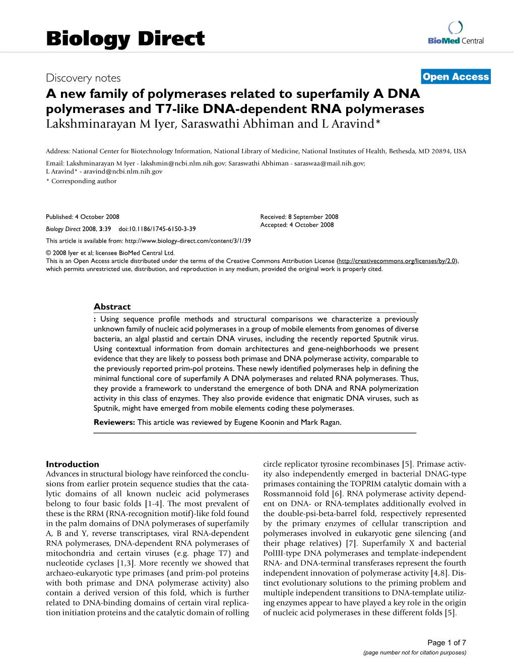 A New Family of Polymerases Related to Superfamily a DNA Polymerases and T7-Like DNA-Dependent RNA Polymerases