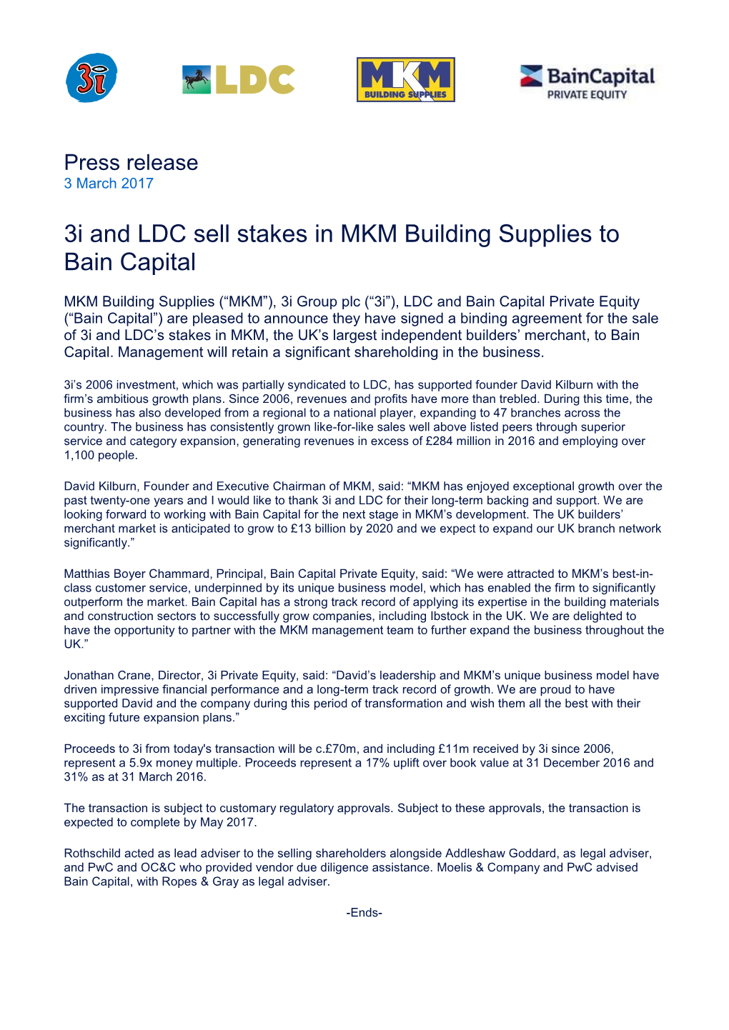 3I and LDC Sell Stakes in MKM Building Supplies to Bain Capital