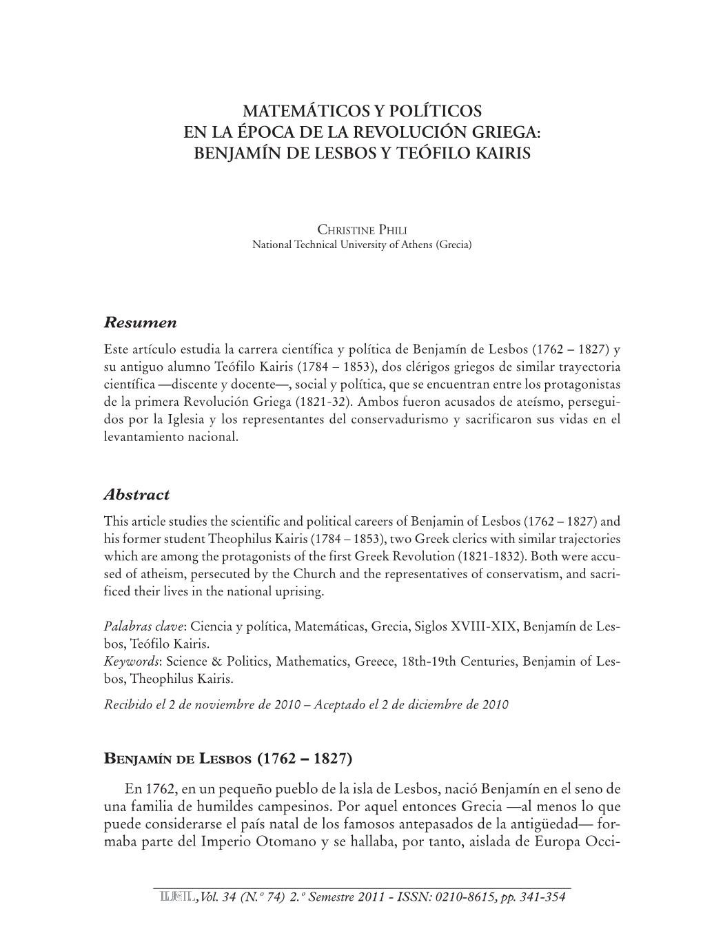 Matemáticos Y Políticos En La Época De La Revolución Griega: Benjamín De Lesbos Y Teófilo Kairis