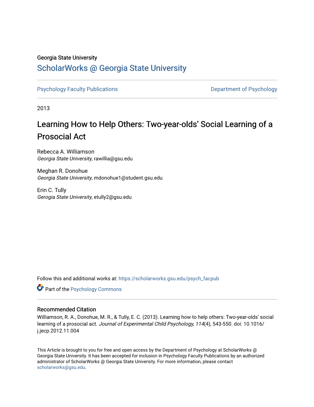 Two-Year-Olds' Social Learning of a Prosocial