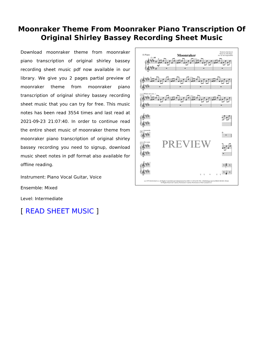 Moonraker Theme from Moonraker Piano Transcription of Original Shirley Bassey Recording Sheet Music