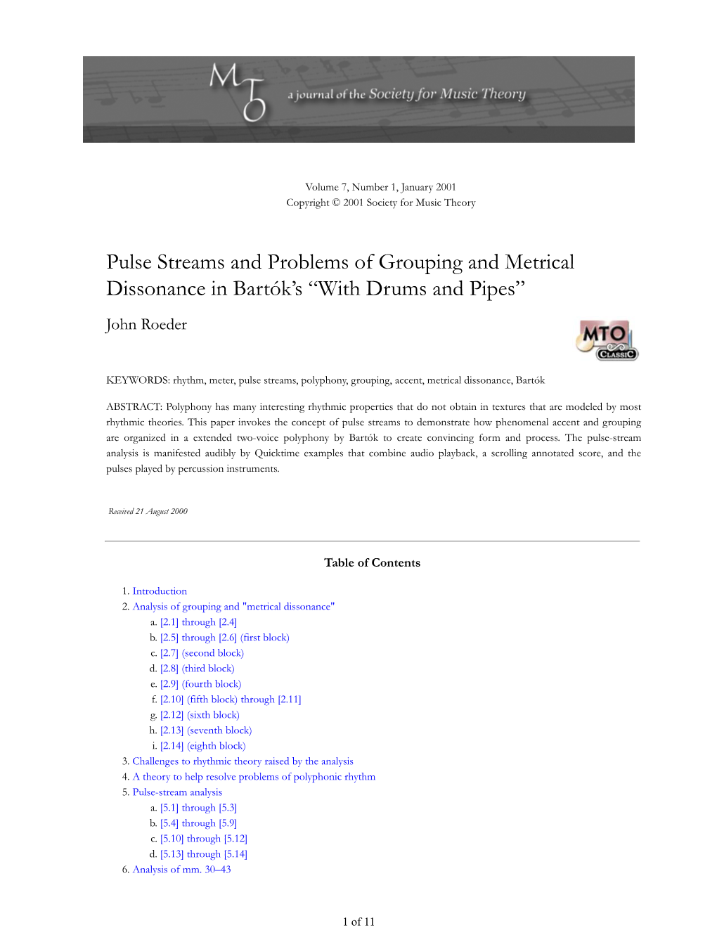 MTO 7.1: Roeder, Pulse Streams and Problems of Grouping