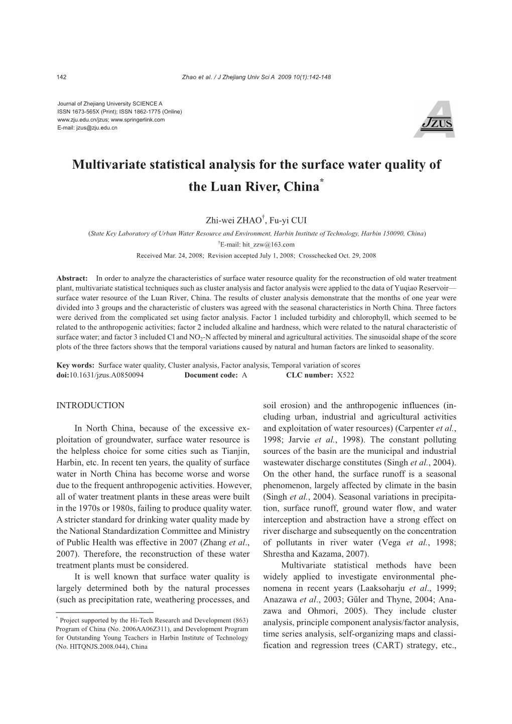 Multivariate Statistical Analysis for the Surface Water Quality of the Luan River, China*