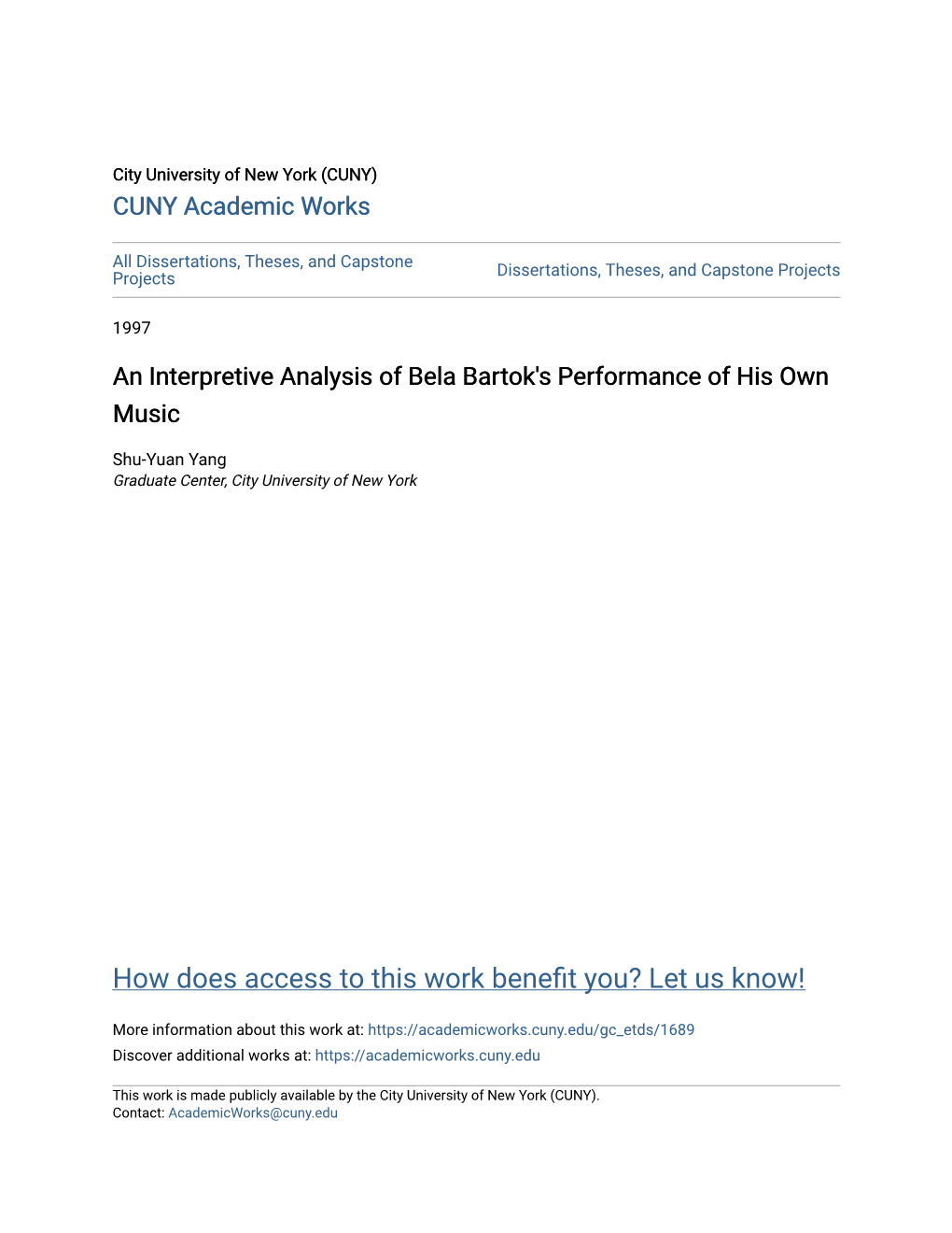 An Interpretive Analysis of Bela Bartok's Performance of His Own Music