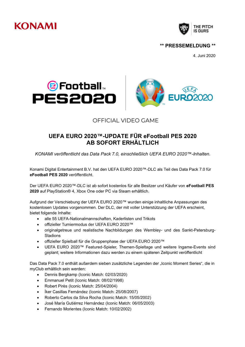 UEFA EURO 2020™-UPDATE FÜR Efootball PES 2020 AB SOFORT ERHÄLTLICH