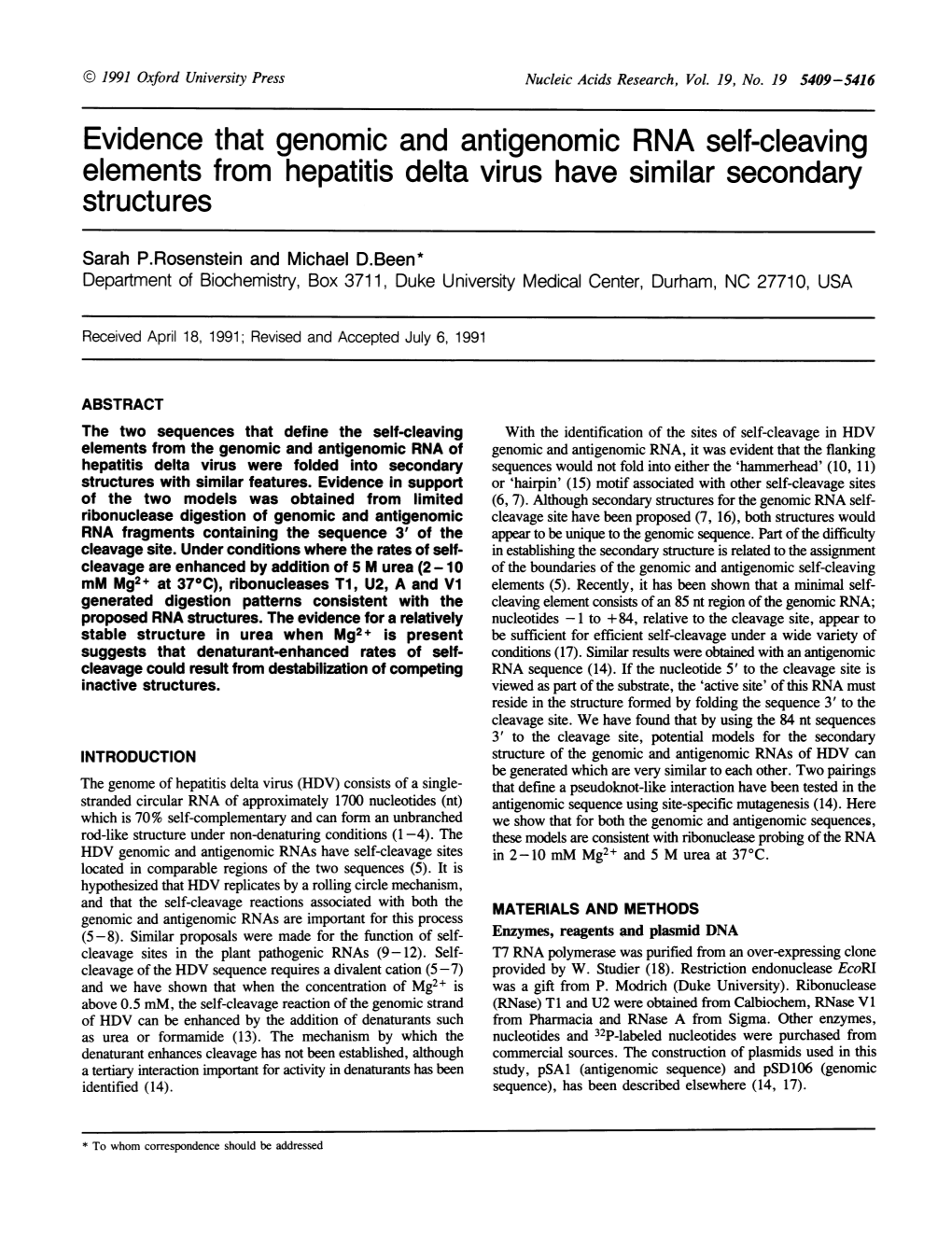 Evidence That Genomic and Antigenomic RNA Self-Cleaving Elements from Hepatitis Delta Virus Have Similar Secondary Structures