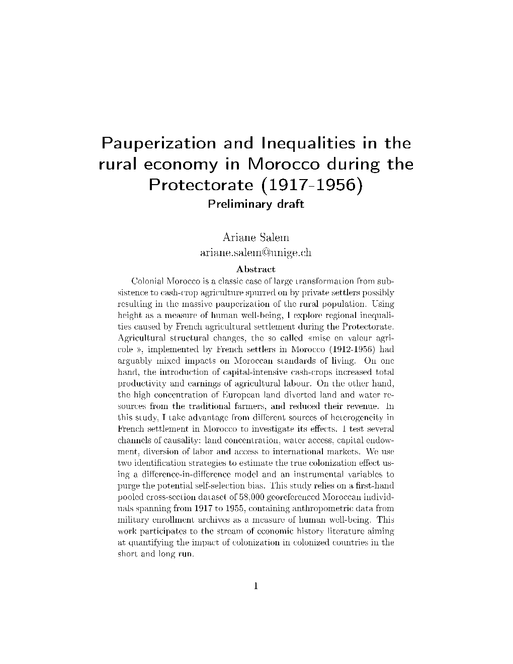 Pauperization and Inequalities in the Rural Economy in Morocco During the Protectorate (1917-1956) Preliminary Draft
