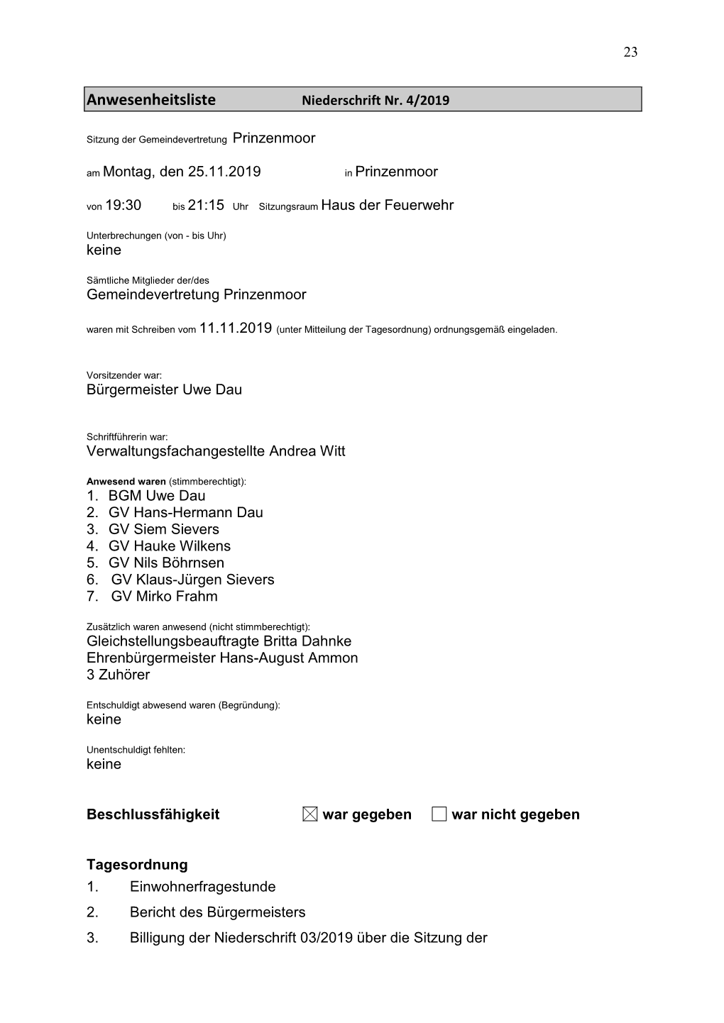 Anwesenheitsliste Niederschrift Nr