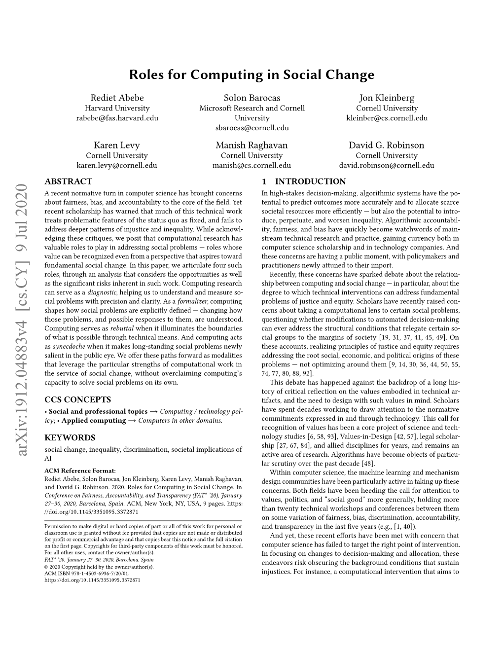 Roles for Computing in Social Change