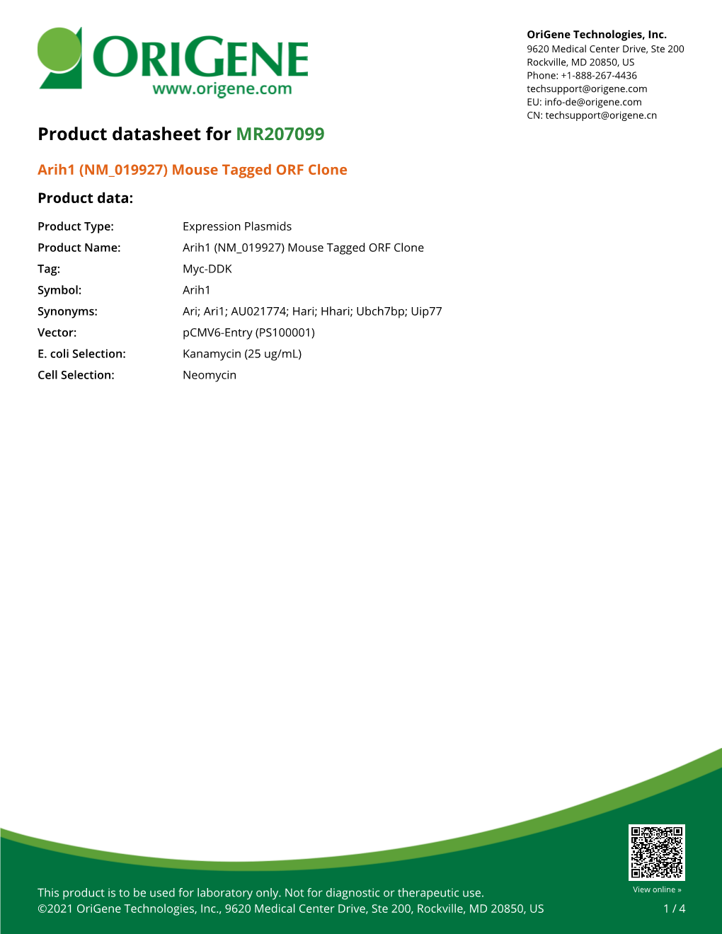 Arih1 (NM 019927) Mouse Tagged ORF Clone Product Data