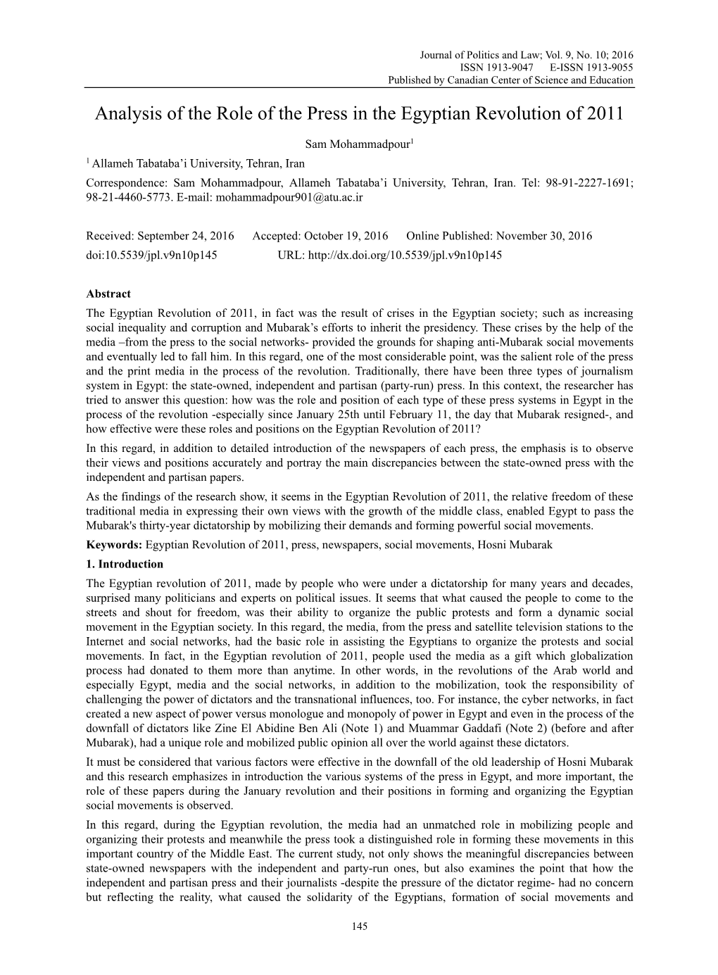 Analysis of the Role of the Press in the Egyptian Revolution of 2011