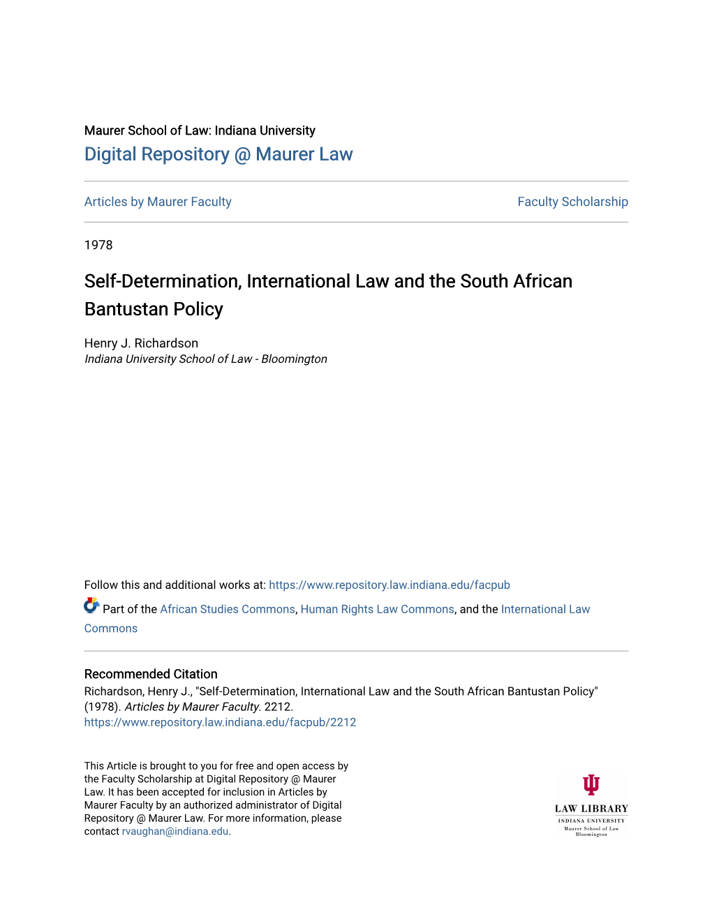 Self-Determination, International Law and the South African Bantustan Policy