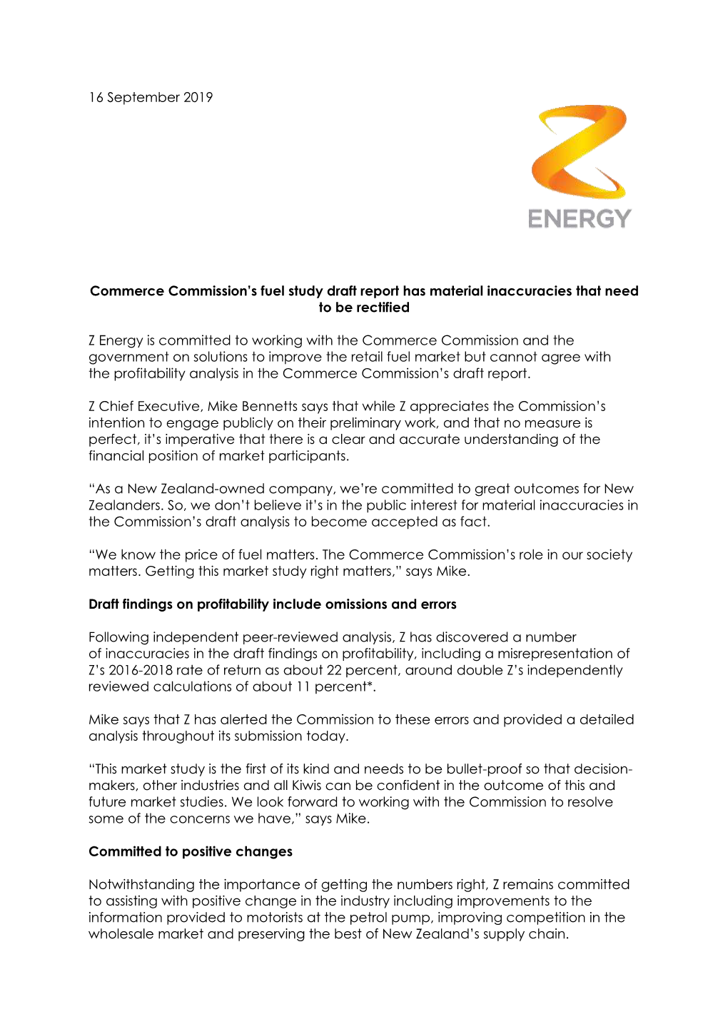 16 September 2019 Commerce Commission's Fuel Study Draft Report
