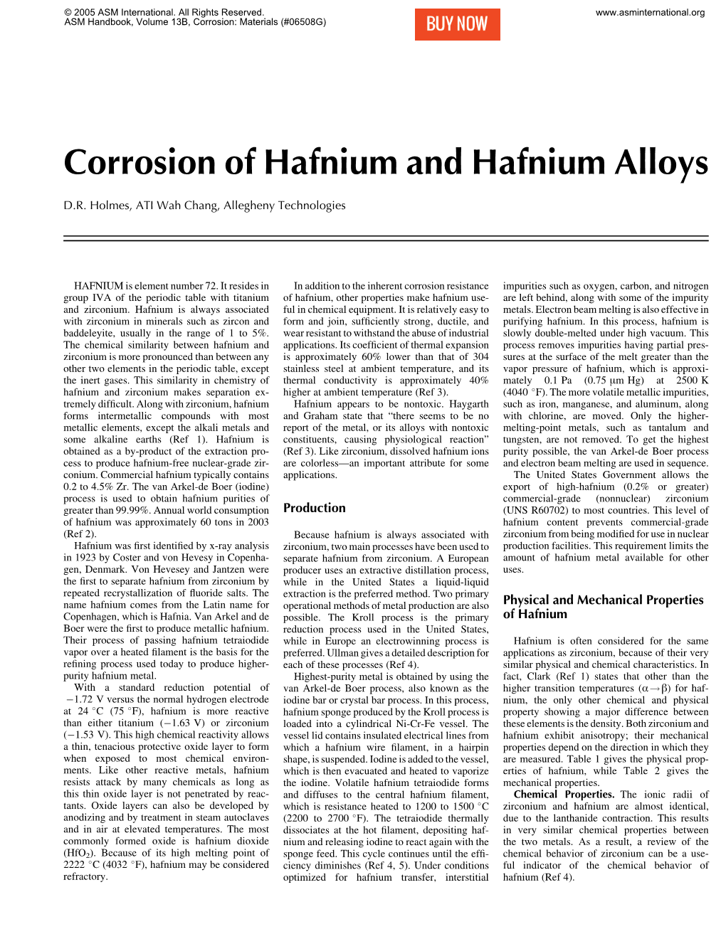 Corrosion of Hafnium and Hafnium Alloys